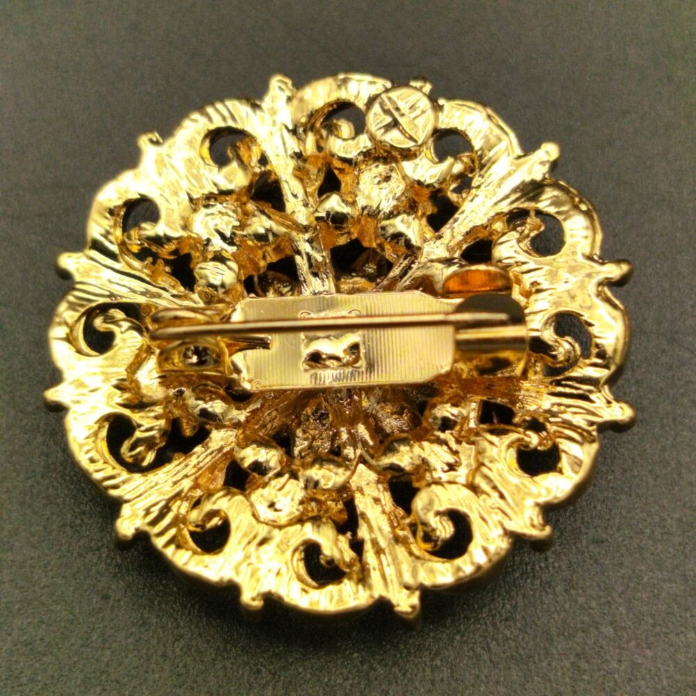 Vintage Style Gold Tone Amethyst Purple & AB Rhinestone Floral Brooch Pin - Picture 3 of 5
